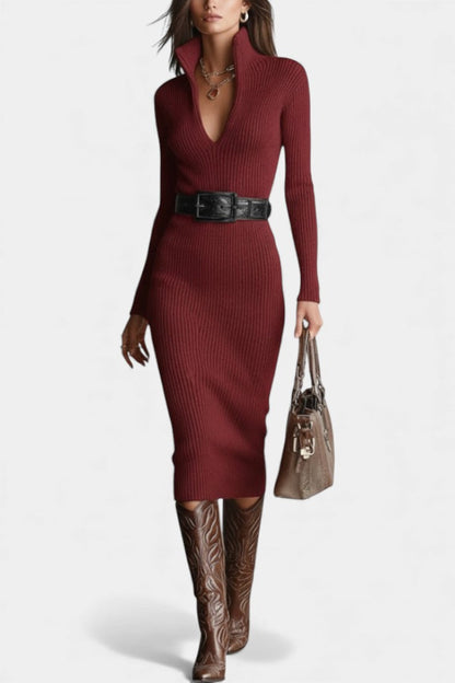 Susana | Robe Mi-Longue en Maille à Col Demi-Roulé et Décolleté en V