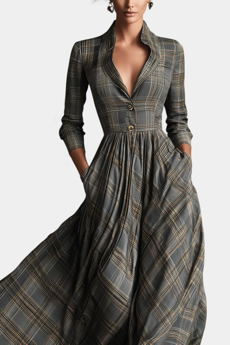 Philae | Robe Longue Évasée à Motif Tartan