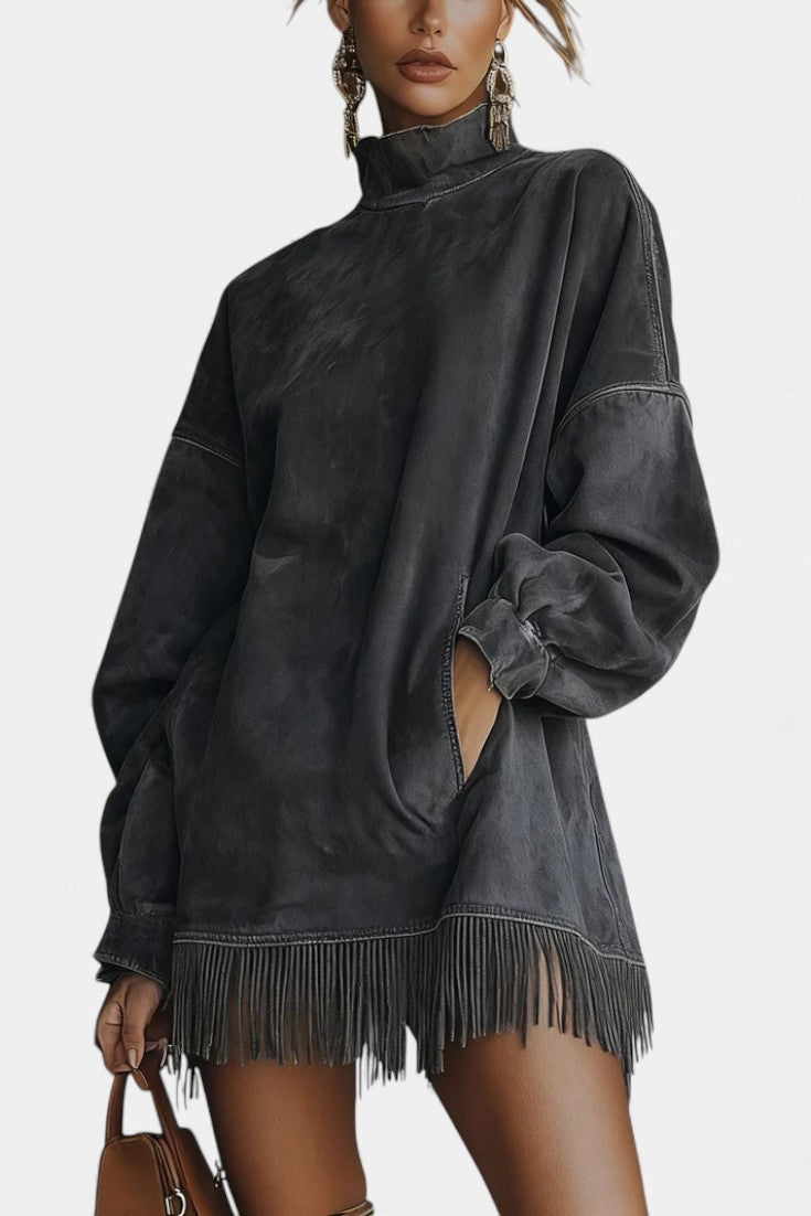 Élanaïs | Robe Pull Oversize en Suédine à Ourlet Frangé