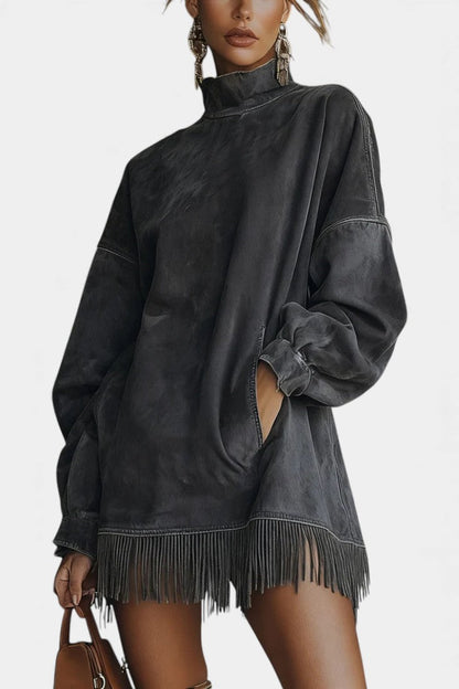 Élanaïs | Robe Pull Oversize en Suédine à Ourlet Frangé