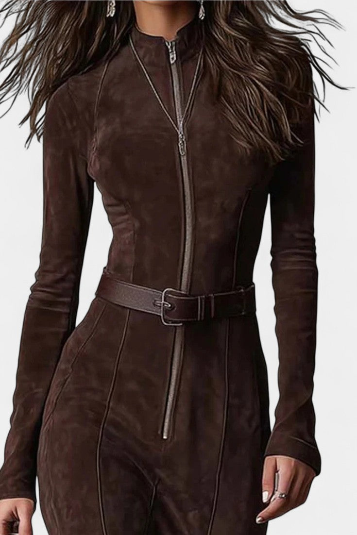 Perrine | Robe Longue Vintage Marron à Fermeture Éclair