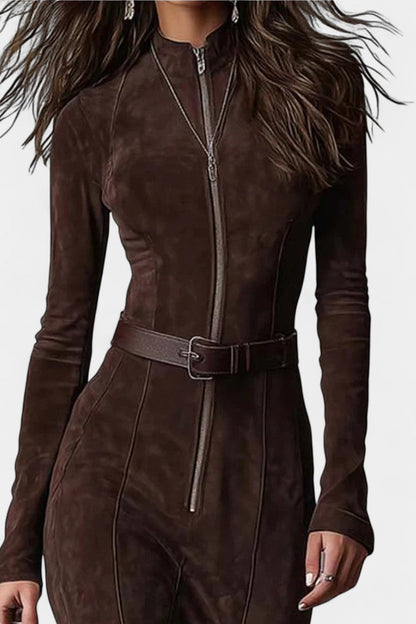 Perrine | Robe Longue Vintage Marron à Fermeture Éclair