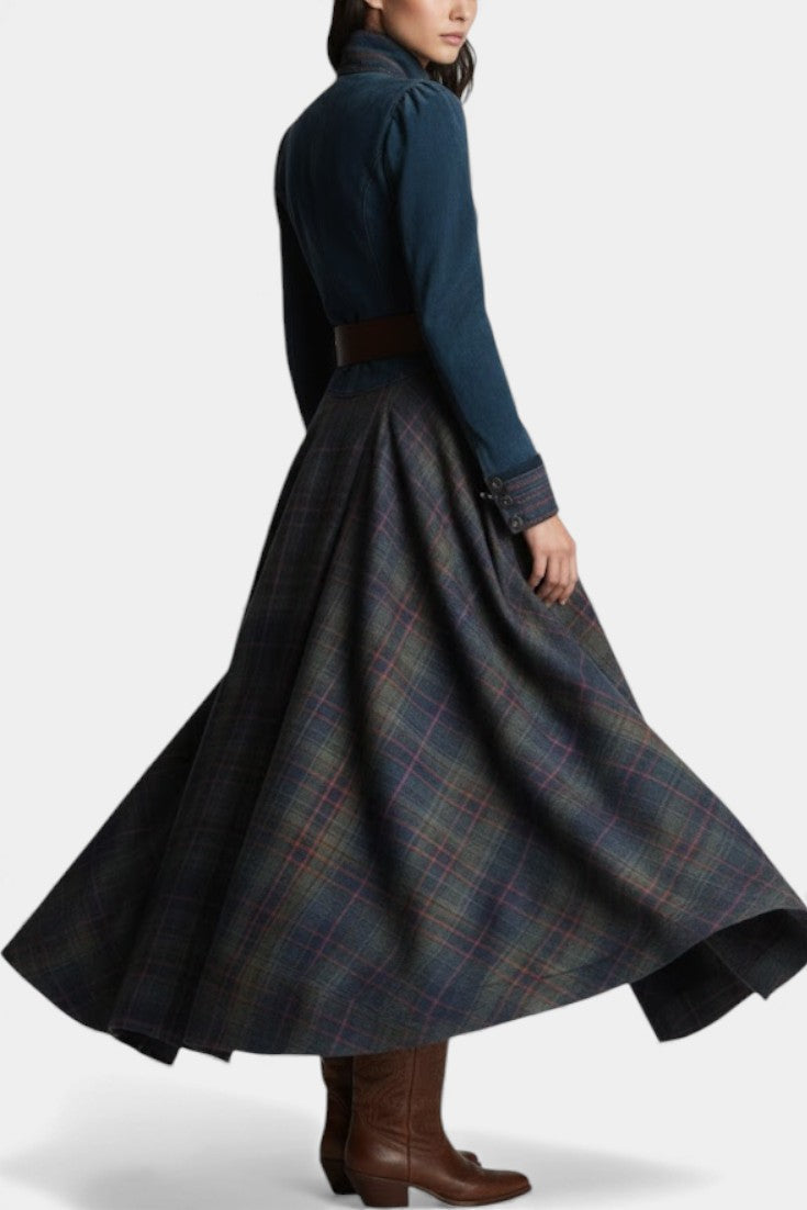 Liza | Robe Longue à Carreaux en Suédine Style Ethnique Rétro