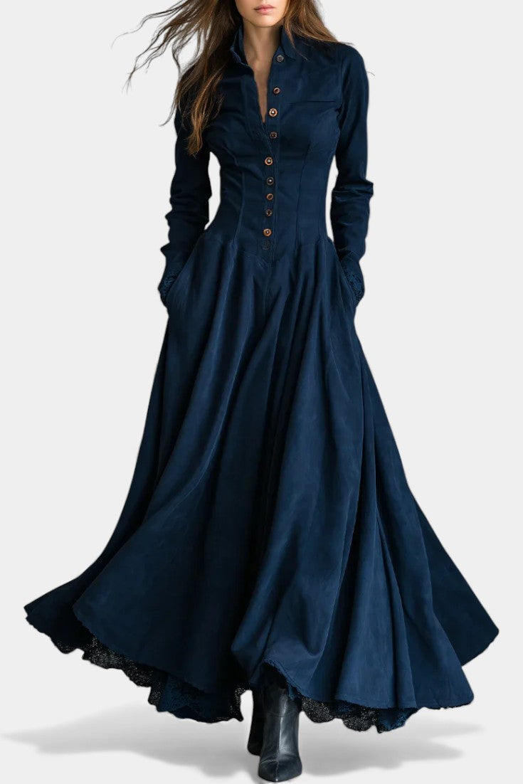 Maravilla | Robe Longue en Suédine à Col Chemise et Dentelle