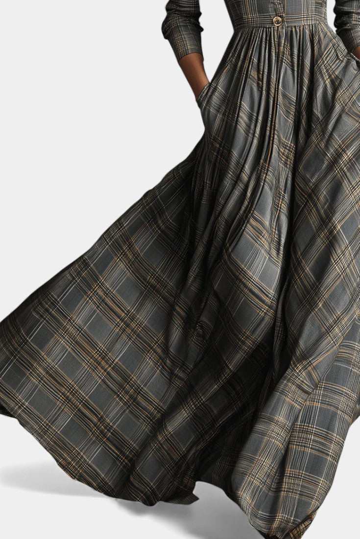 Philae | Robe Longue Évasée à Motif Tartan