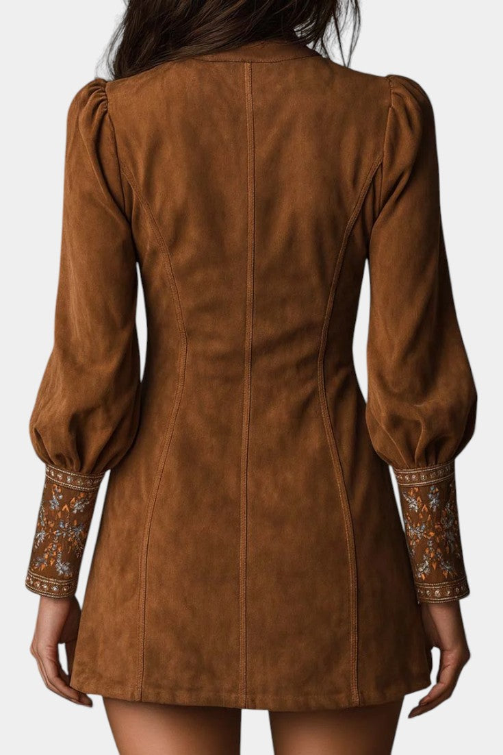 Anceline | Robe Courte en Suédine à Fleurs en Relief Esprit Vintage