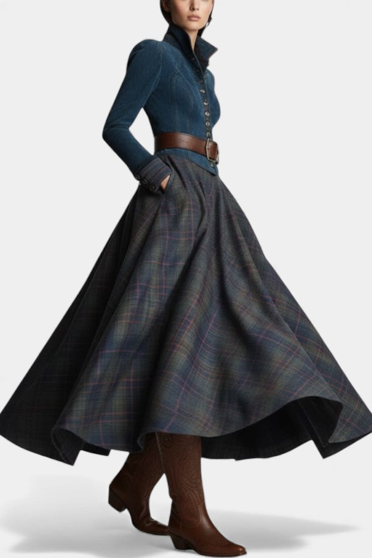 Liza | Robe Longue à Carreaux en Suédine Style Ethnique Rétro