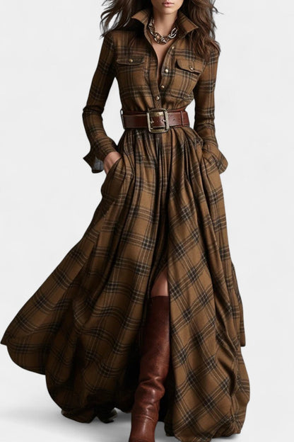 Eustelle | Robe Longue à Carreaux Camel à Col
