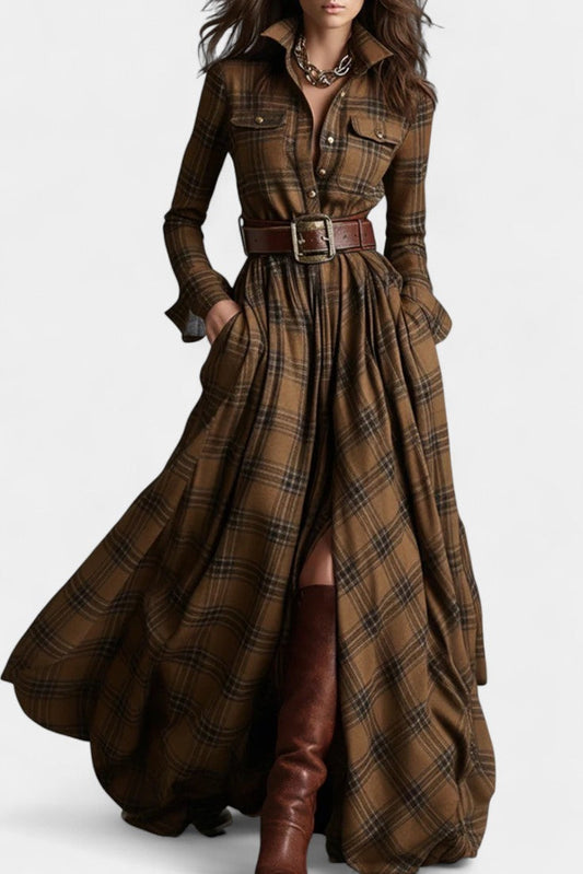 Eustelle | Robe Longue à Carreaux Camel à Col