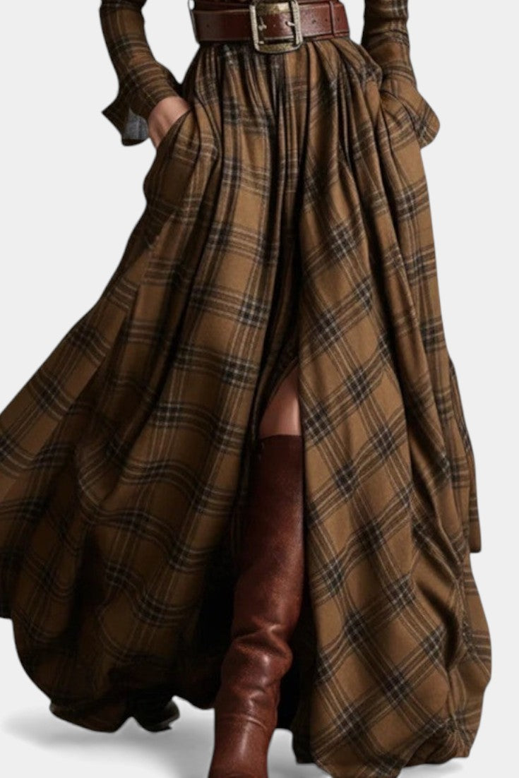 Eustelle | Robe Longue à Carreaux Camel à Col