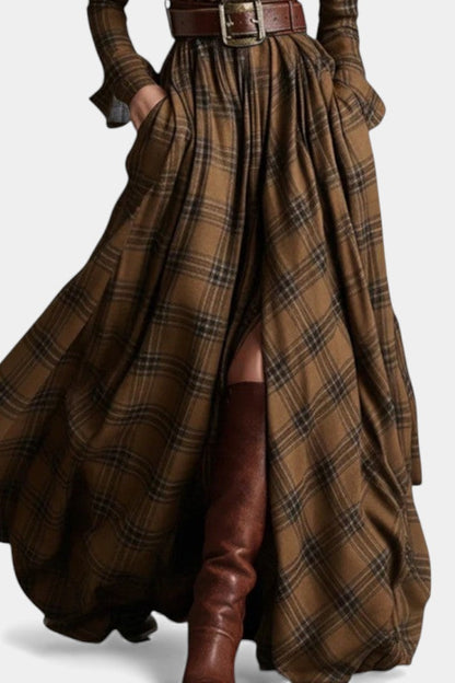 Eustelle | Robe Longue à Carreaux Camel à Col