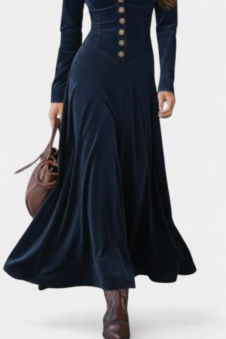 Romy | Robe Longue en Suédine à Boutons et Décolleté Plongeant