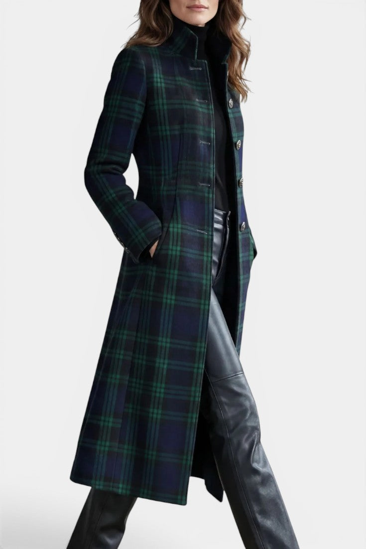 Caterina | Manteau Mi-Long Rétro à Carreaux Bleu-Vert