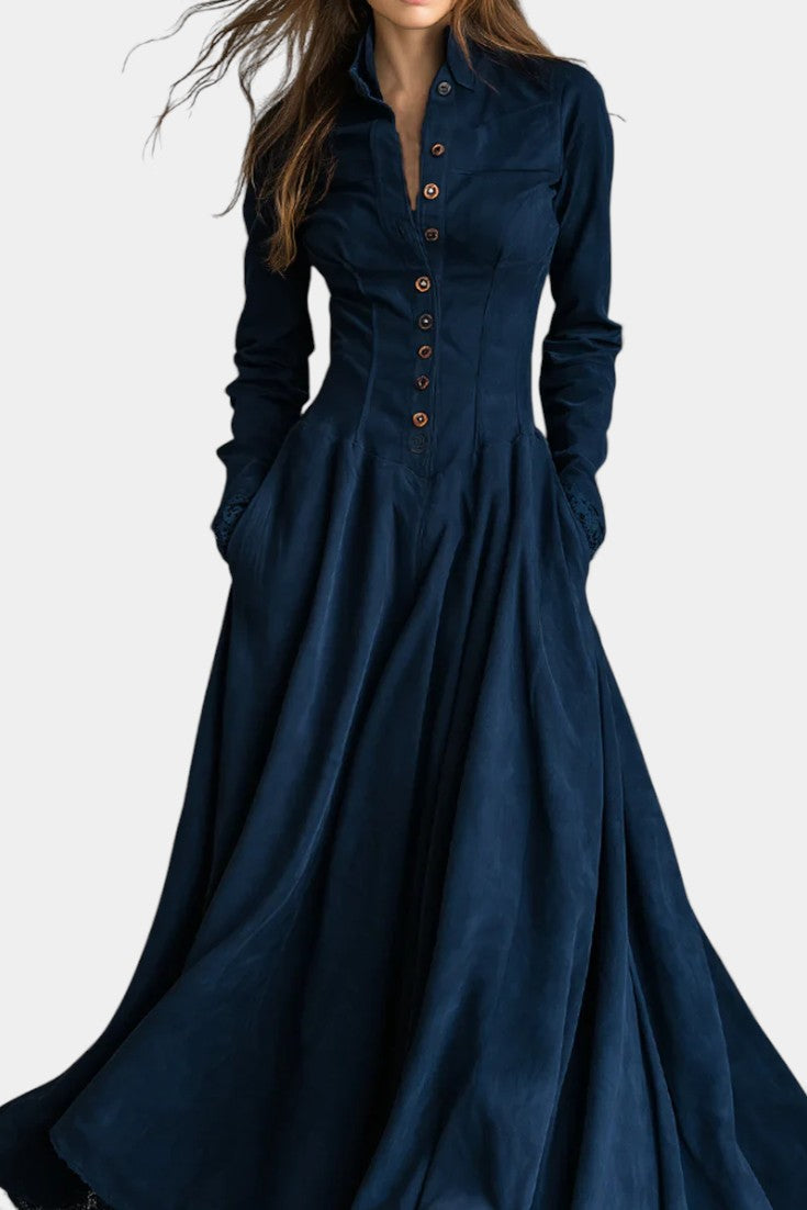 Maravilla | Robe Longue en Suédine à Col Chemise et Dentelle