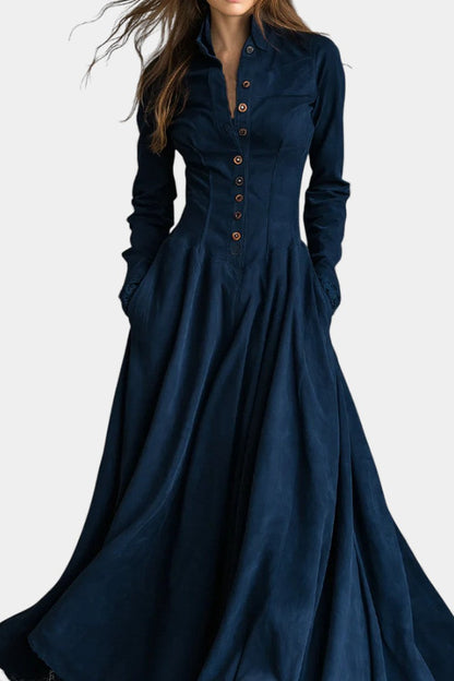 Maravilla | Robe Longue en Suédine à Col Chemise et Dentelle