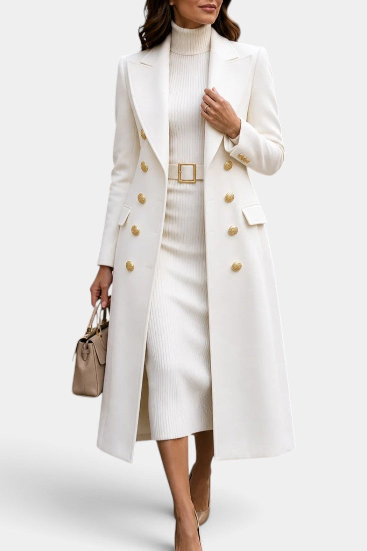 Yewande | Manteau Long à Double Boutonnage Doré et Col Tailleur