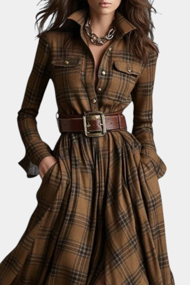 Eustelle | Robe Longue à Carreaux Camel à Col