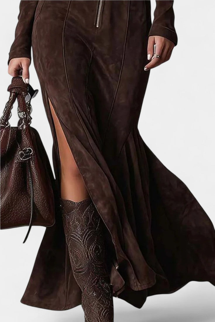 Perrine | Robe Longue Vintage Marron à Fermeture Éclair