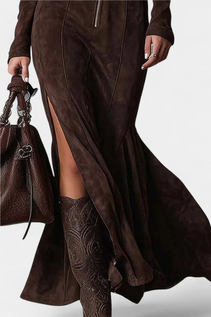 Perrine | Robe Longue Vintage Marron à Fermeture Éclair