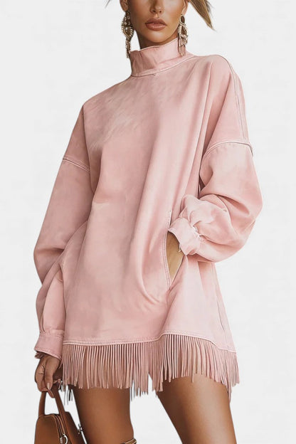 Élanaïs | Robe Pull Oversize en Suédine à Ourlet Frangé