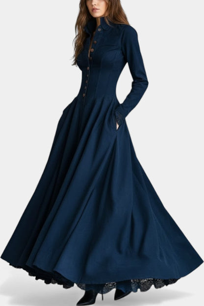Maravilla | Robe Longue en Suédine à Col Chemise et Dentelle