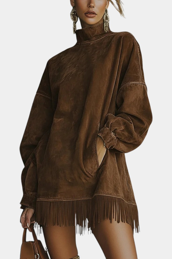 Élanaïs | Robe Pull Oversize en Suédine à Ourlet Frangé