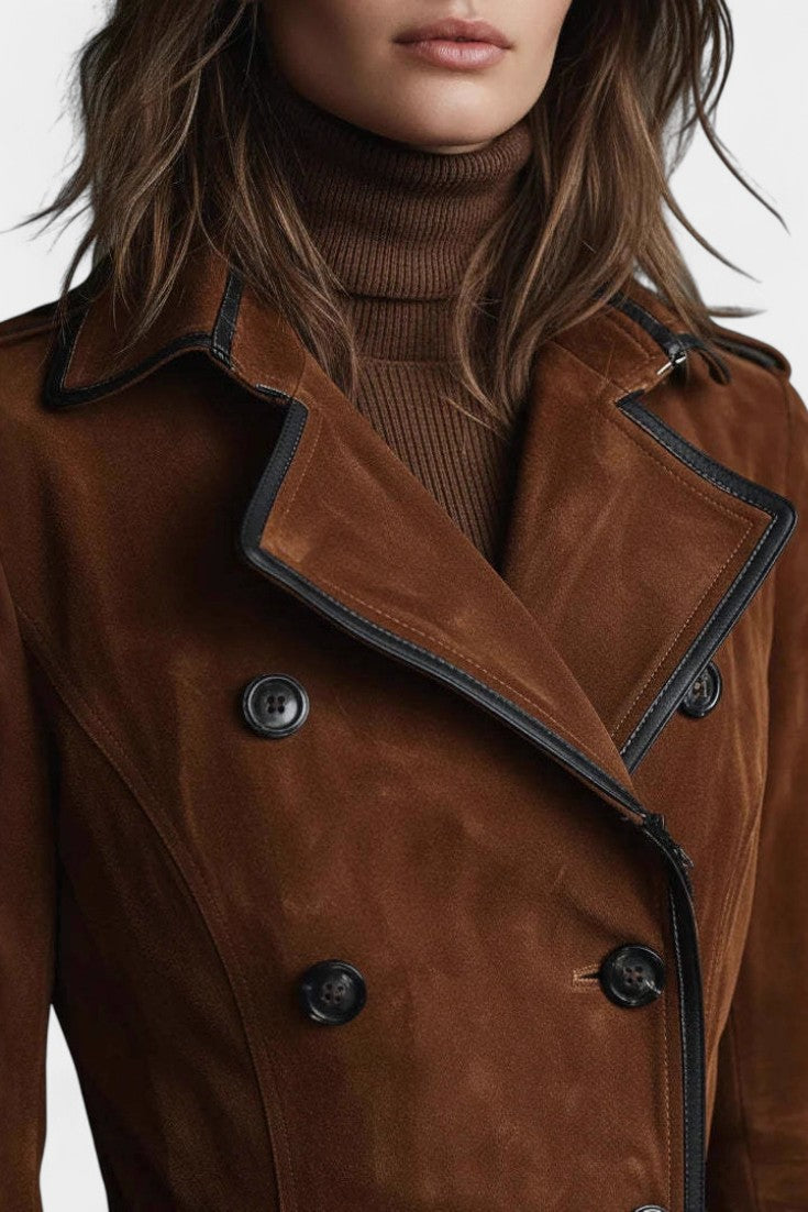 Sandra | Manteau Long en Suédine à Double Boutonnage et Liserés Noirs