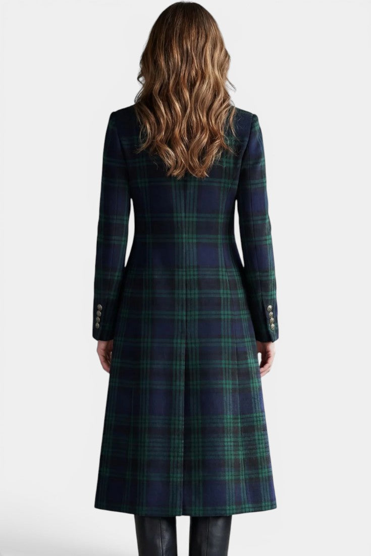 Caterina | Manteau Mi-Long Rétro à Carreaux Bleu-Vert