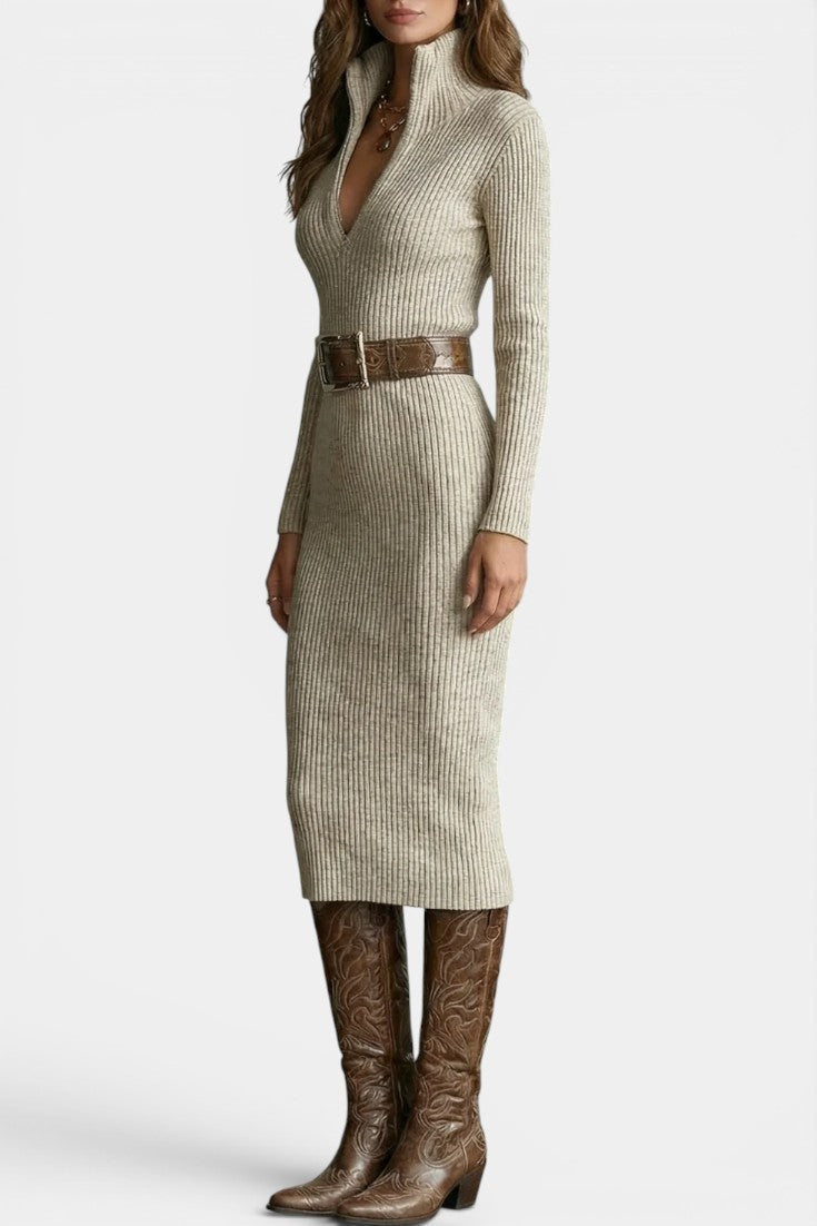 Susana | Robe Mi-Longue en Maille à Col Demi-Roulé et Décolleté en V