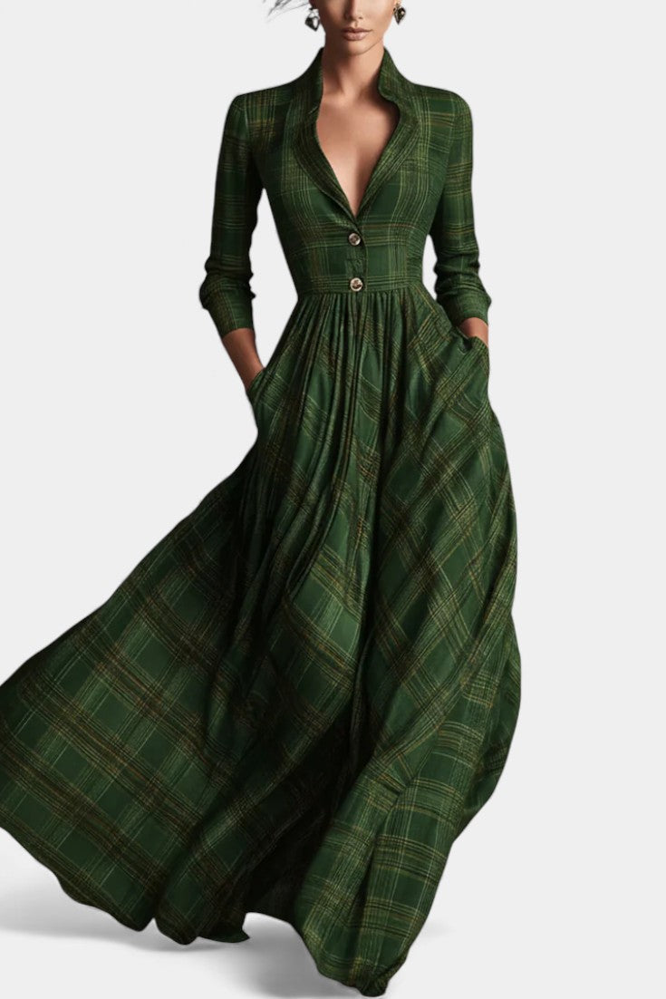 Philae | Robe Longue Évasée à Motif Tartan