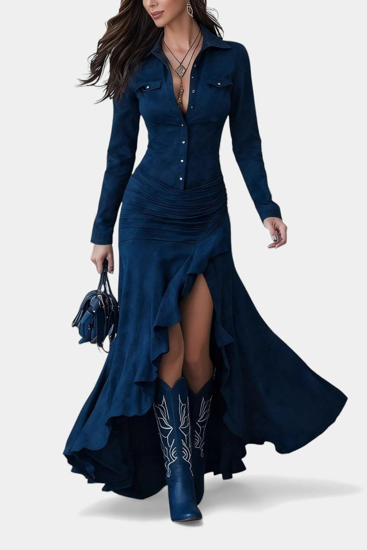 Tilda | Robe Longue Effet Daim à Col Chemise et Volants Asymétriques
