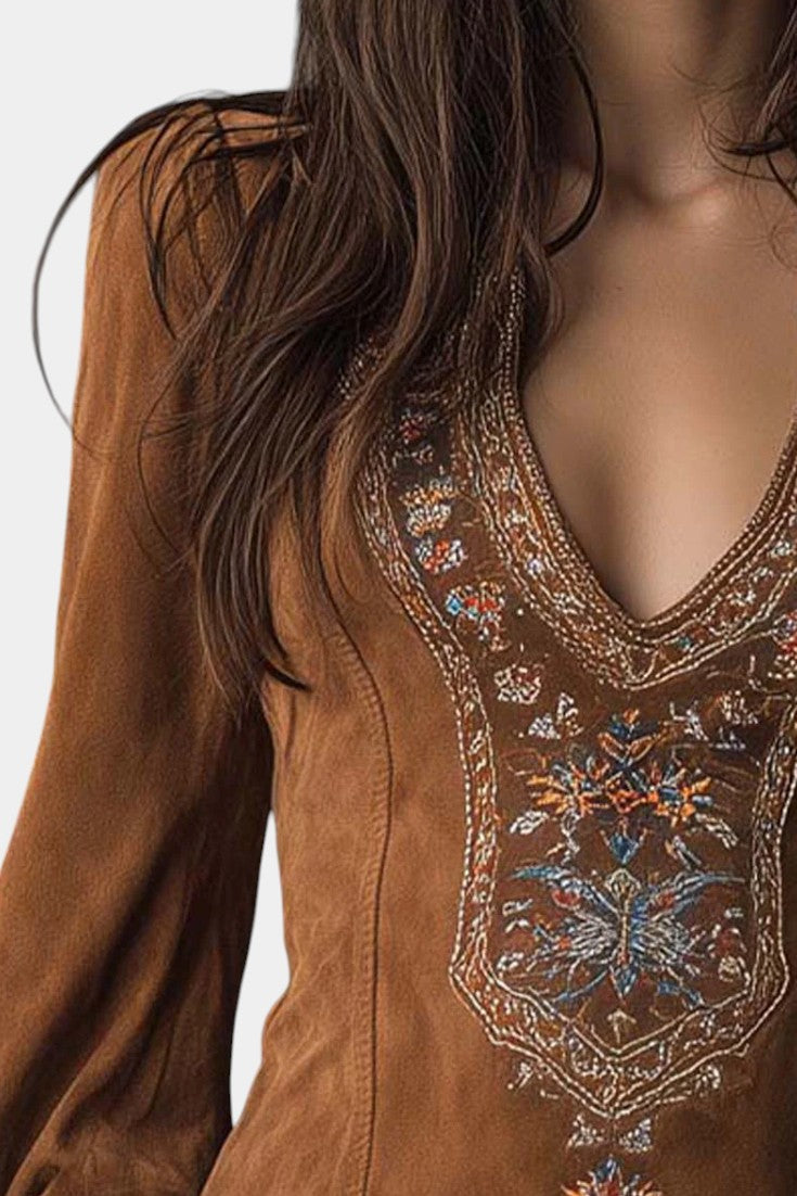 Anceline | Robe Courte en Suédine à Fleurs en Relief Esprit Vintage
