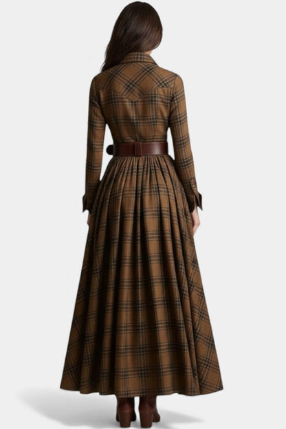 Eustelle | Robe Longue à Carreaux Camel à Col