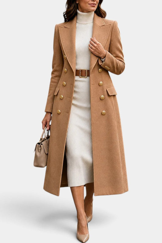 Yewande | Manteau Long à Double Boutonnage Doré et Col Tailleur
