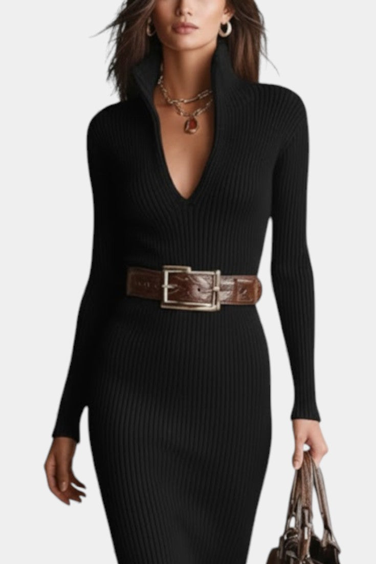 Susana | Robe Mi-Longue en Maille à Col Demi-Roulé et Décolleté en V