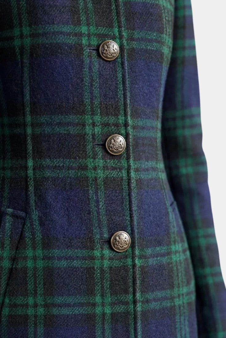 Caterina | Manteau Mi-Long Rétro à Carreaux Bleu-Vert
