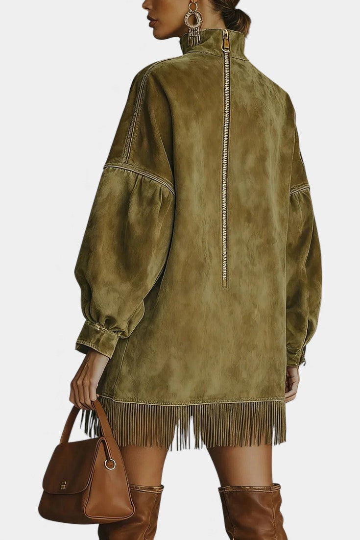 Élanaïs | Robe Pull Oversize en Suédine à Ourlet Frangé