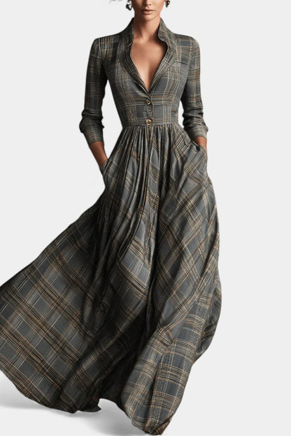 Philae | Robe Longue Évasée à Motif Tartan