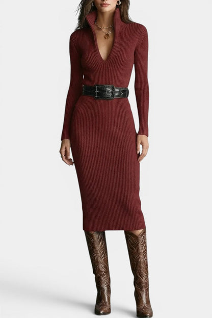Susana | Robe Mi-Longue en Maille à Col Demi-Roulé et Décolleté en V