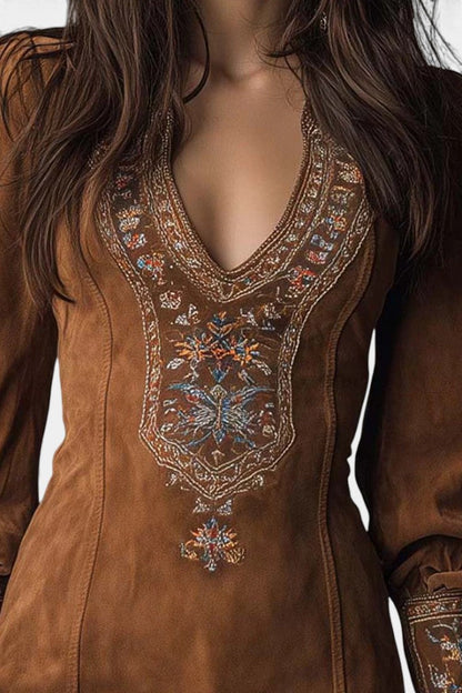 Anceline | Robe Courte en Suédine à Fleurs en Relief Esprit Vintage