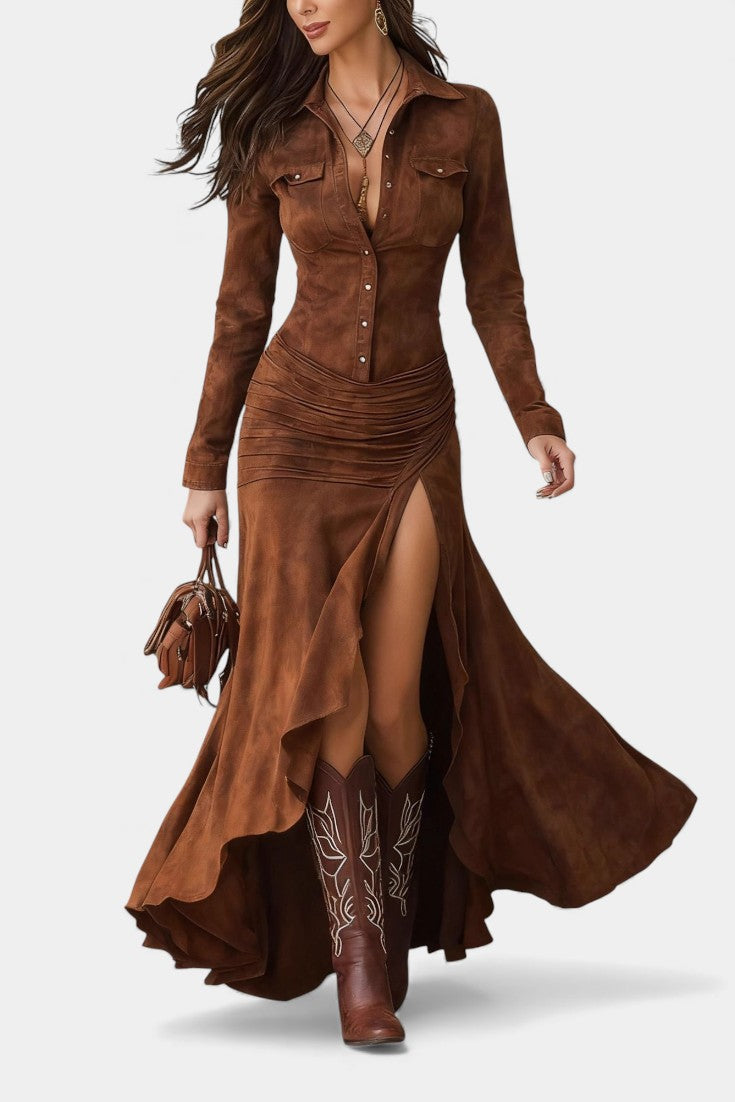 Tilda | Robe Longue Effet Daim à Col Chemise et Volants Asymétriques