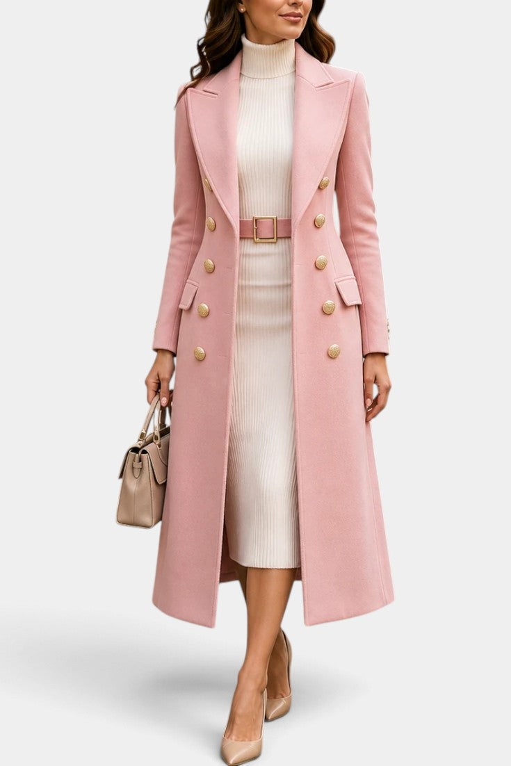 Yewande | Manteau Long à Double Boutonnage Doré et Col Tailleur