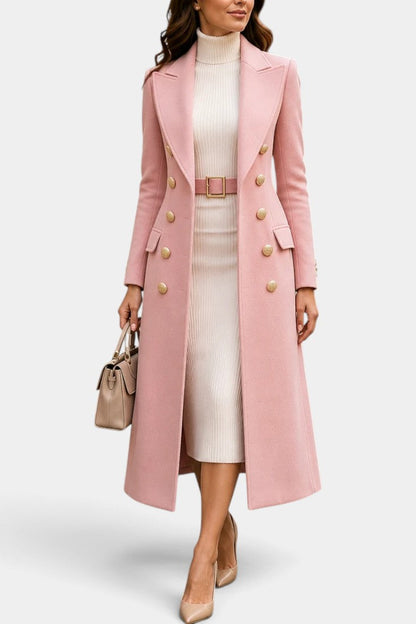 Yewande | Manteau Long à Double Boutonnage Doré et Col Tailleur