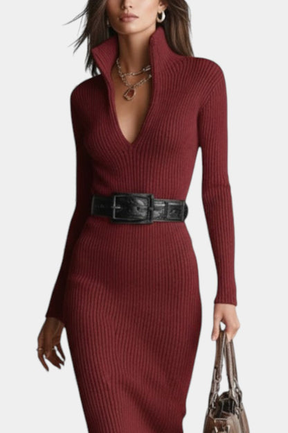 Susana | Robe Mi-Longue en Maille à Col Demi-Roulé et Décolleté en V