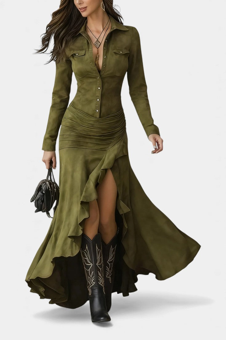 Tilda | Robe Longue Effet Daim à Col Chemise et Volants Asymétriques