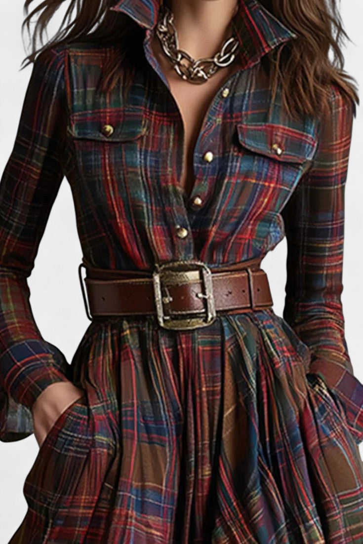 Eustelle | Robe Longue à Carreaux Brun Rougeâtre à Col
