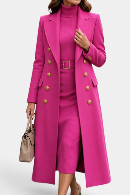 Yewande | Manteau Long à Double Boutonnage Doré et Col Tailleur
