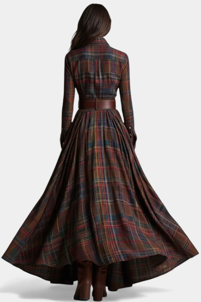 Eustelle | Robe Longue à Carreaux Brun Rougeâtre à Col