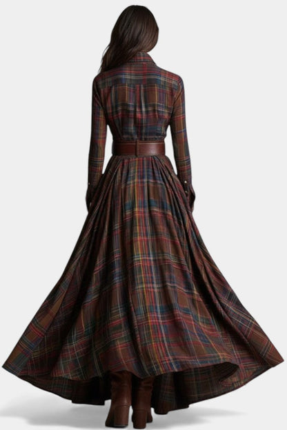 Eustelle | Robe Longue à Carreaux Brun Rougeâtre à Col