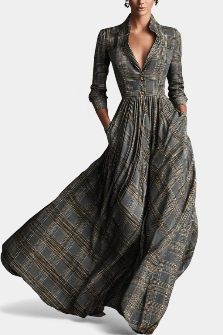 Philae | Robe Longue Évasée à Motif Tartan